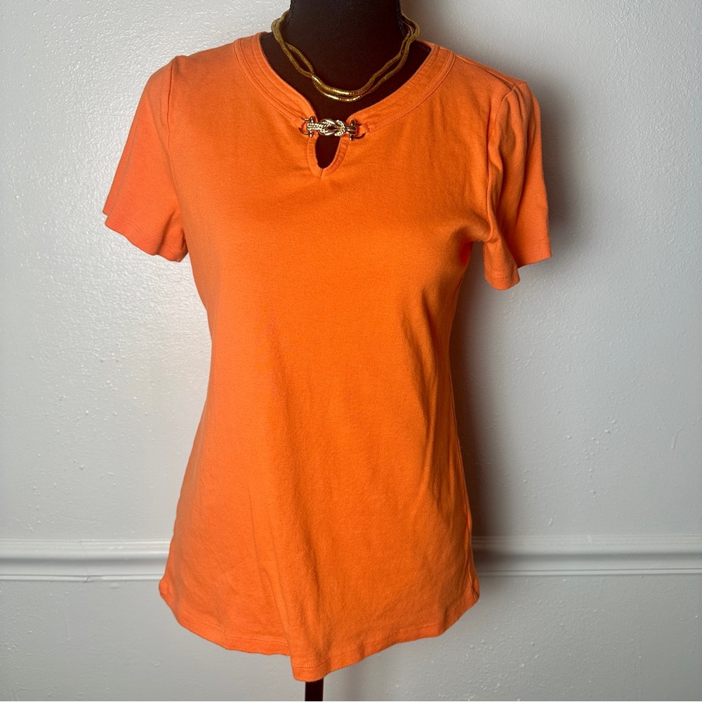 Talbots Orange Short-Sleeve Knit Top with Gold Decorative Clasp